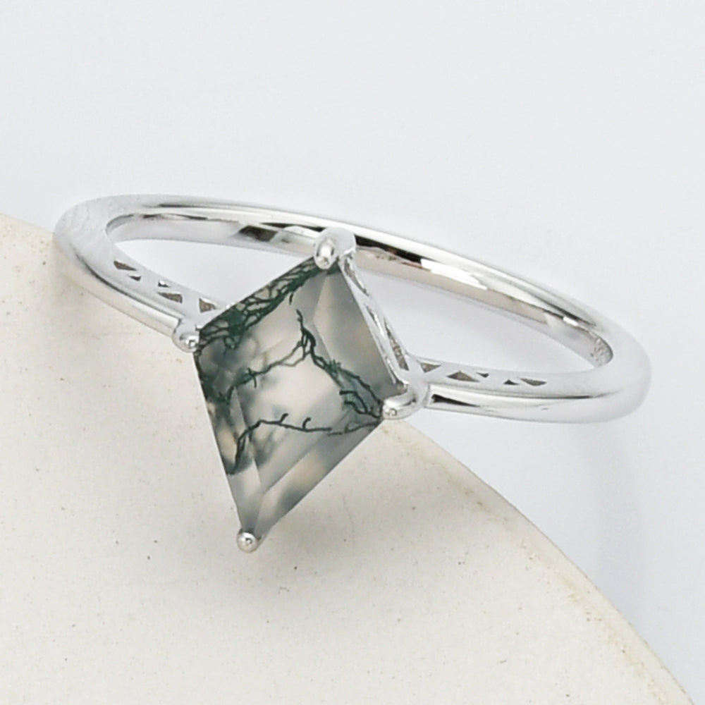 925 Sterling Silver Diamond Natural Moss Agate Ring, Gemstone Jewelry SS270-2