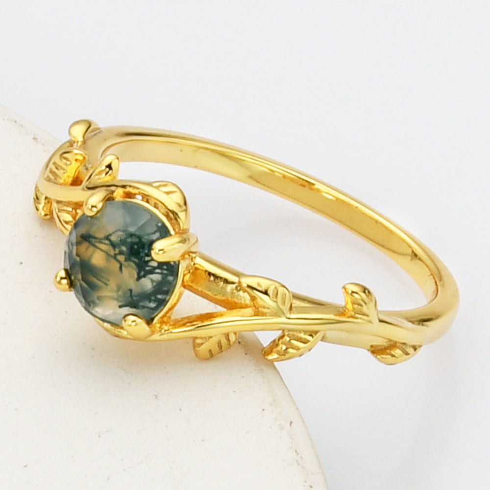 Gold Sterling Silver Round Natural Moss Agate Statement Ring, Gold Leaf Ring SS268-1