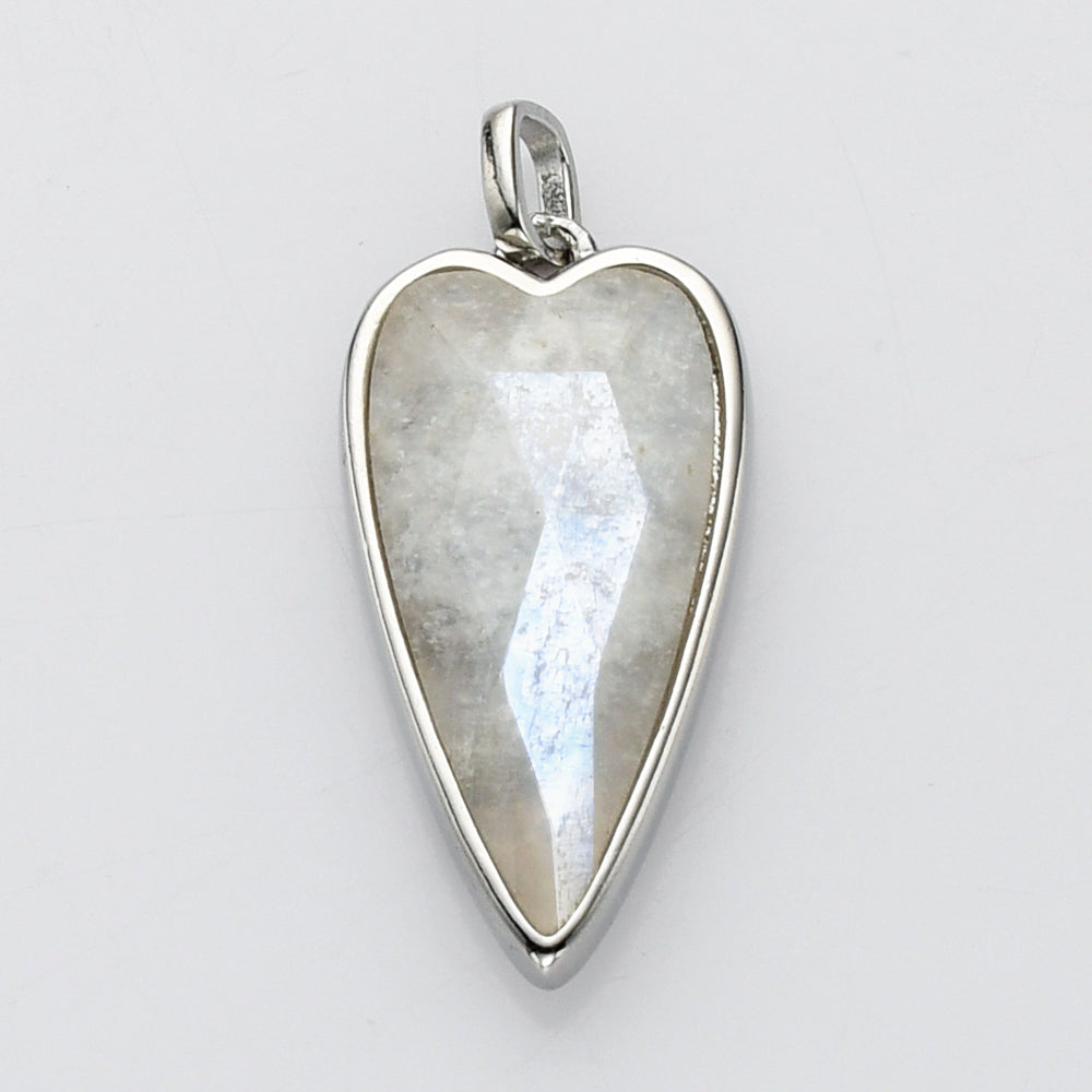 Long Heart Silver Gemstone Pendants, Faceted Moonstone Labradorite Copper Turquoise, Making Jewelry Pendant ZS0507