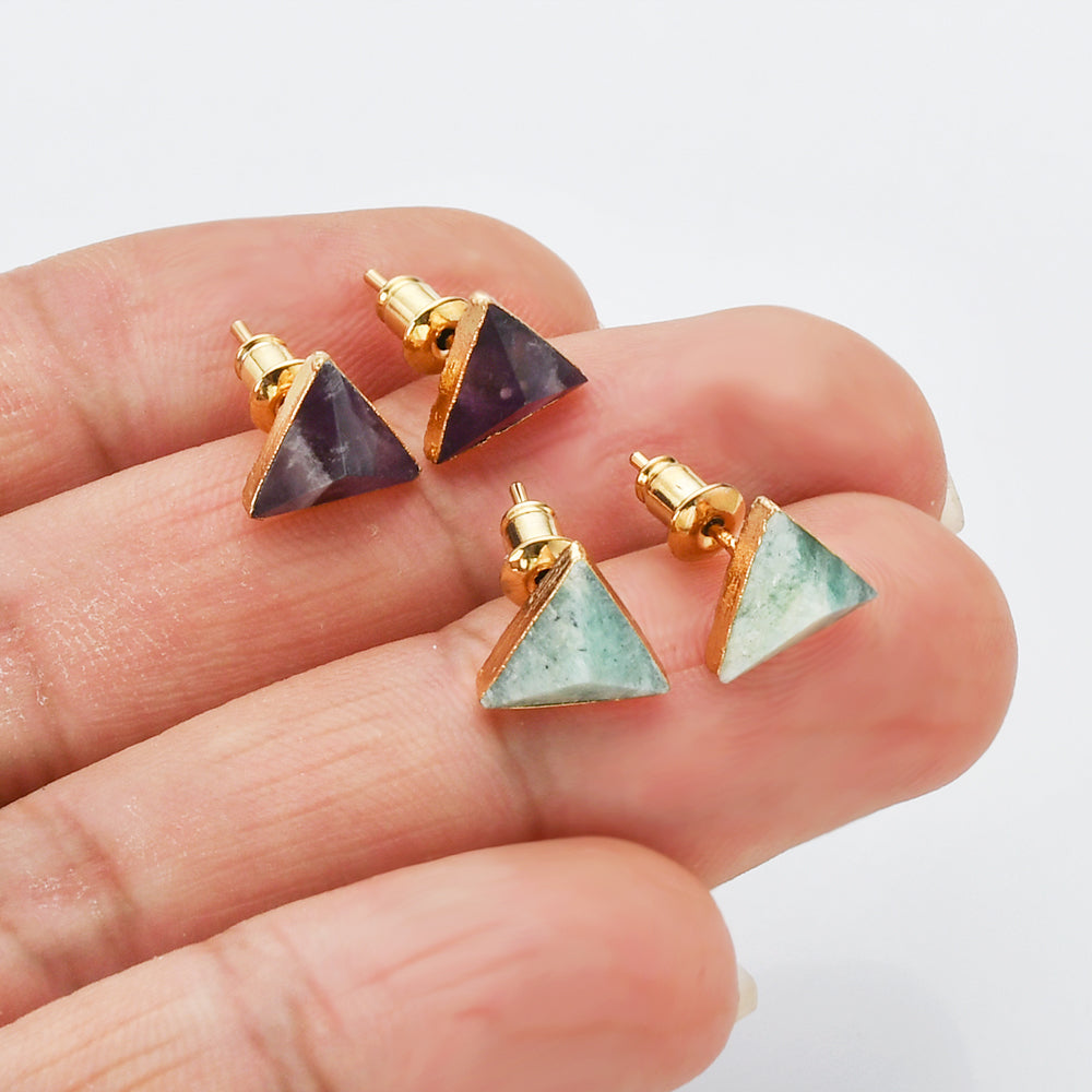 Gold Triangle Gemstone Faceted Stud Earrings, Healing Crystal Earring, Boho Jewelry G1300