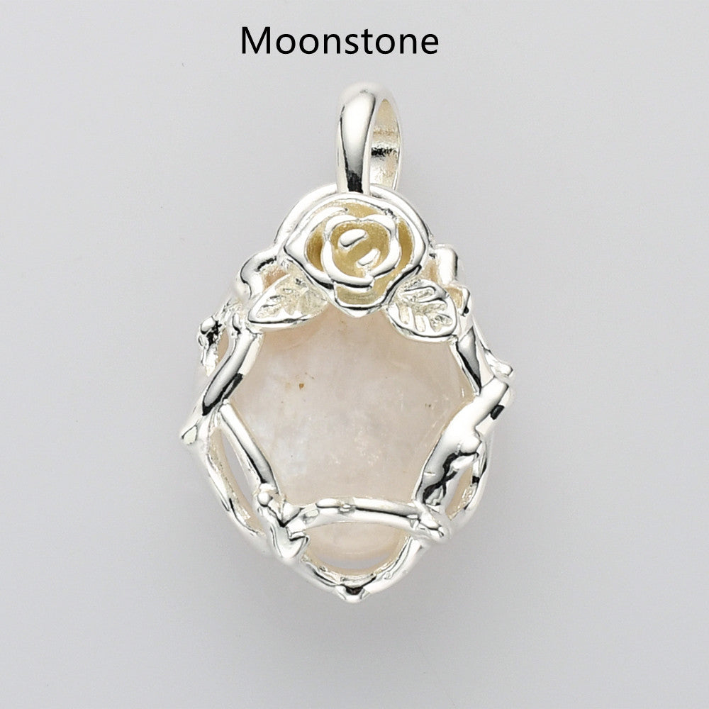 Unique Silver Plated Rose Flower Oval Gemtone Pendant, Polished Egg Stone Pendant, Healing Crystal Jewelry WX2228