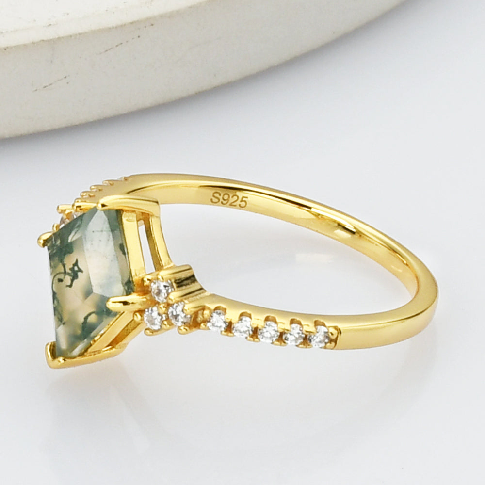 Gold Sterling Silver Diamond Natural Moss Agate Statement Ring, CZ Micro Pave Ring SS269-1