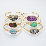 Gold Multi Gemstone Bracelet, Solar Quartz, Agate Druzy Slice Bangle Cuff, Handmade Boho Jewlery WX2237