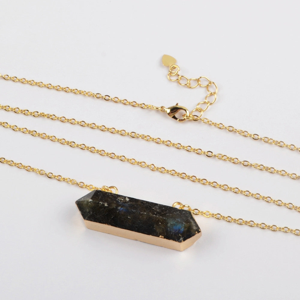 Gold Plated Hexagon Natural Labradorite Faceted Terminated Point Connector G1869