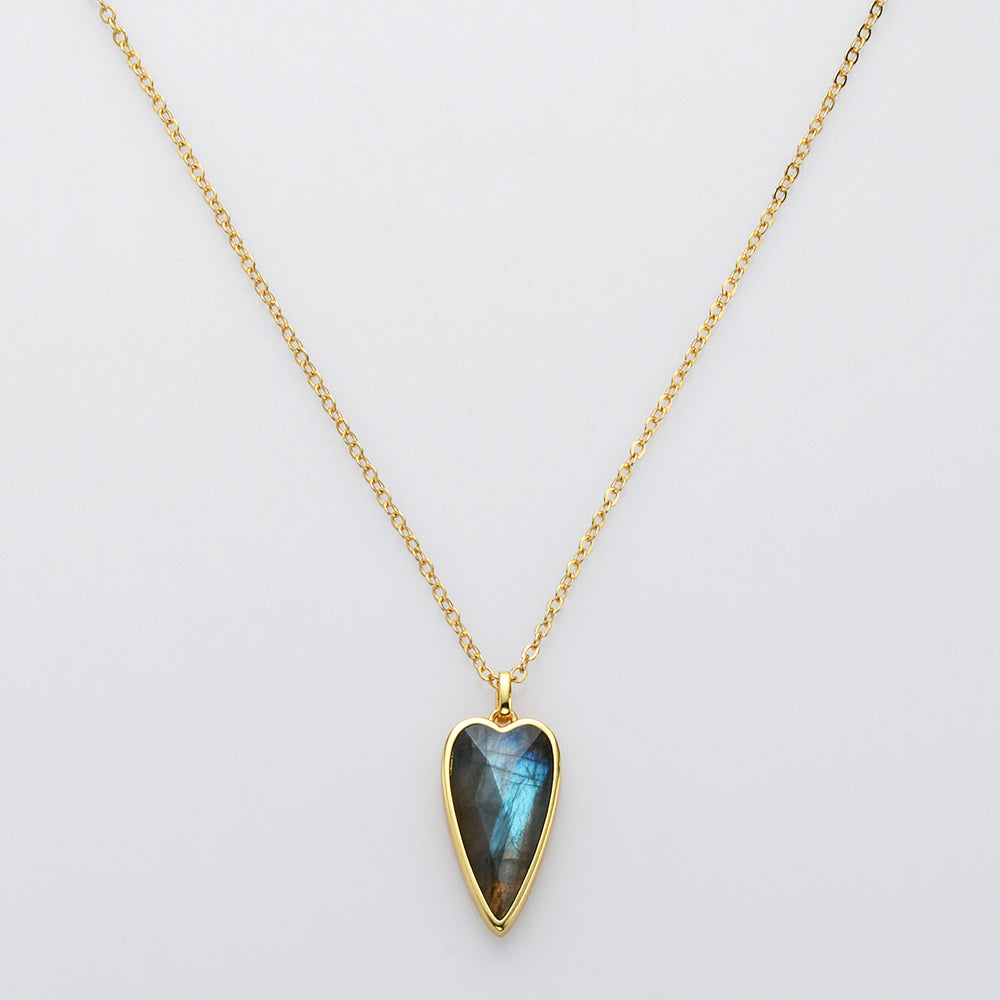 Long Heart Gold Faceted Gemstone Pendants, Moonstone Labradorite Copper Turquoise Pendant Jewelry Making ZG0507