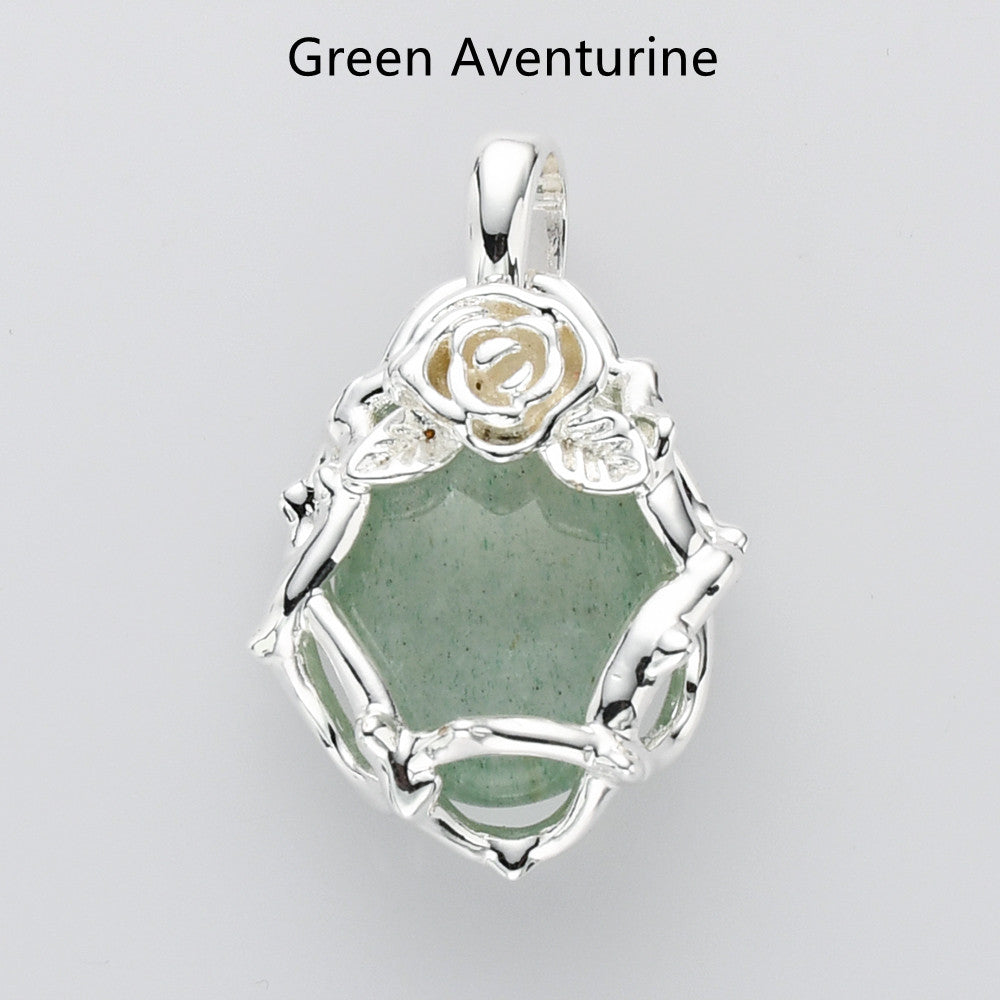 Unique Silver Plated Rose Flower Oval Gemtone Pendant, Polished Egg Stone Pendant, Healing Crystal Jewelry WX2228