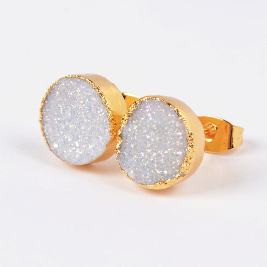 Round 10mm Natural Titanium AB White Druzy Geode Stud Earrings Gold Plated G0681