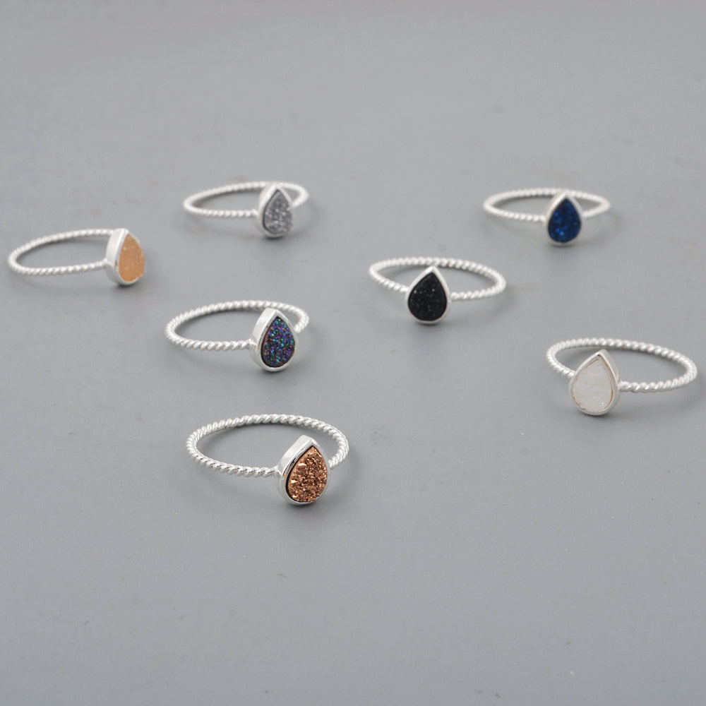 Teardrop Silver Plated Bezel Natural Titanium Agate Druzy Bezel Ring ZS0288