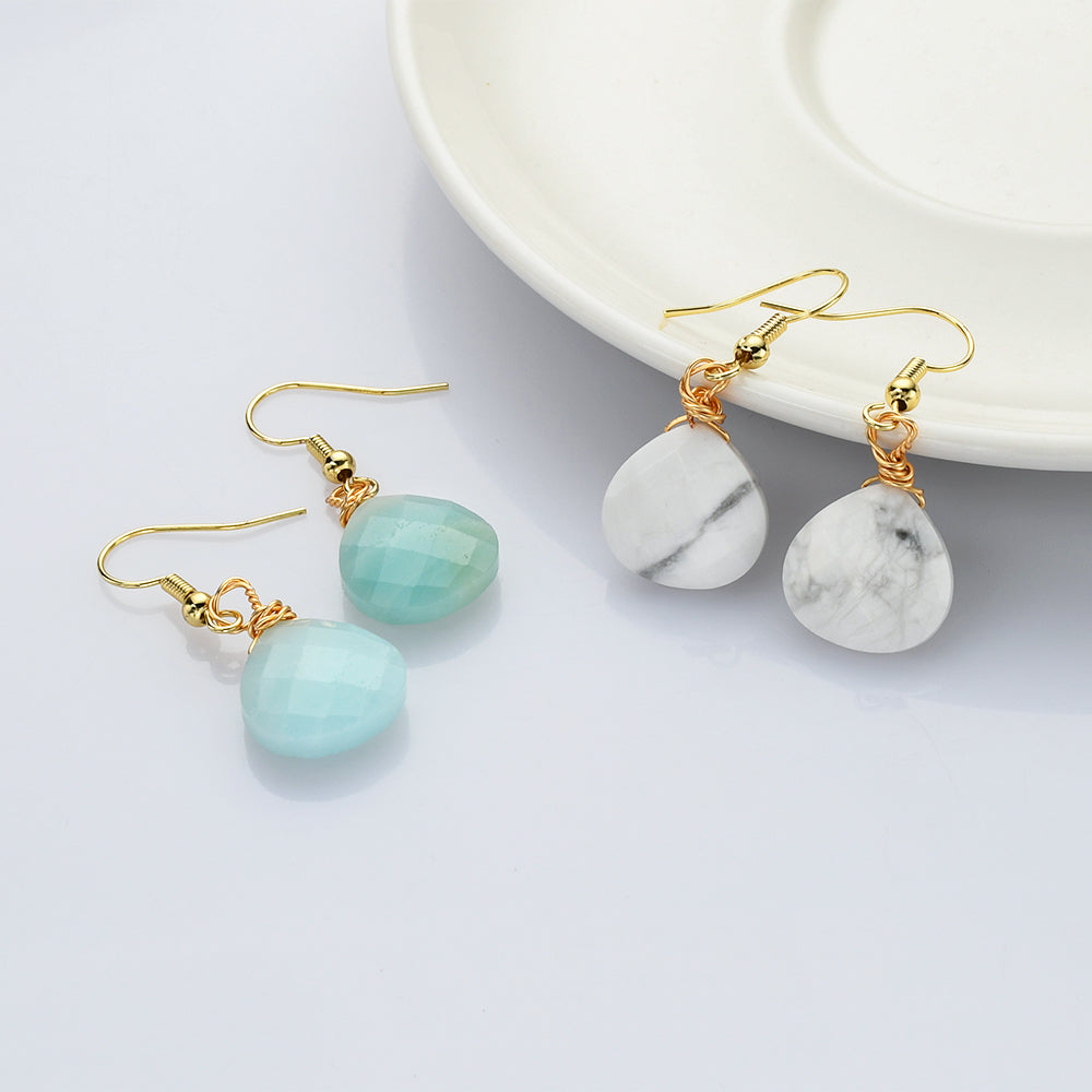 Teardrop Gold Multi Gemstone Earrings, Faceted Healing Crystal Stone Earring, Simple Fashion Jewelry WX2236