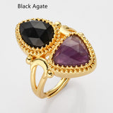 Unique Triangle Amethyst & Teardrop Gemstone Ring, Gold Plated, Faceted Stone Ring, Adjustable, Crystal Jewelry WX2231