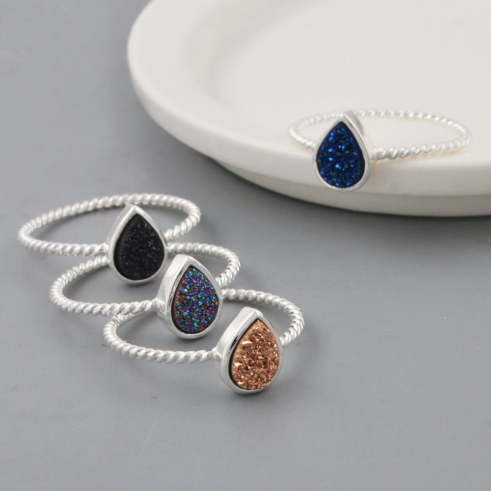 Teardrop Silver Plated Bezel Natural Titanium Agate Druzy Bezel Ring ZS0288