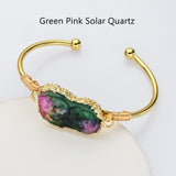 Gold Multi Gemstone Bracelet, Solar Quartz, Agate Druzy Slice Bangle Cuff, Handmade Boho Jewlery WX2237