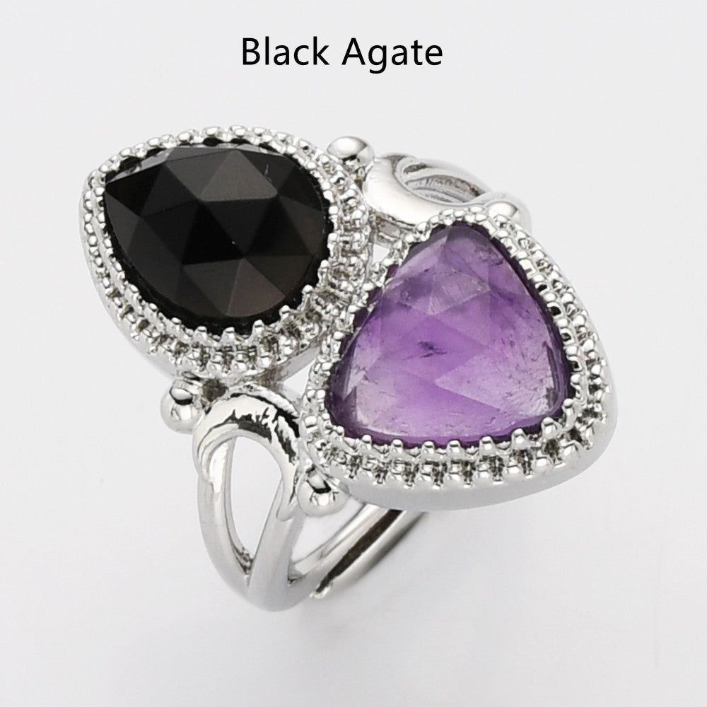 Unique Triangle Amethyst & Teardrop Gemstone Ring, Silver Plated, Faceted Stone Ring, Adjustable, Crystal Jewelry WX2234