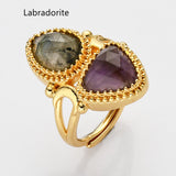 Unique Triangle Amethyst & Teardrop Gemstone Ring, Gold Plated, Faceted Stone Ring, Adjustable, Crystal Jewelry WX2231