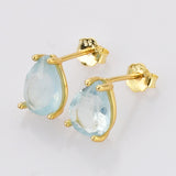 Tiny Gold Claw Teardrop Aquamarine Stud Earrings, Faceted Gemstone Crystal Post Earring, Birthstone Jewelry SS328-G