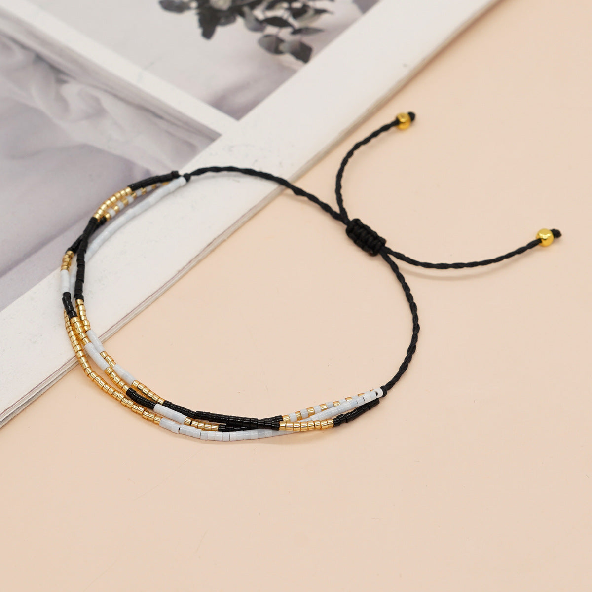 Bohemian 3-Layers Black Miyuki Beads Bracelet, Adjustable, Handmade Friendship Boho Summer Jewelry AL698
