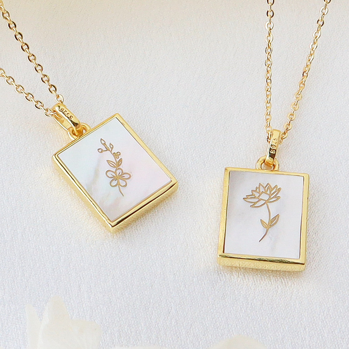 birthflower necklace, white shell necklace, rectangle pendant necklace, gold plated necklace, fashion jewelry, gift for her, gift for women
