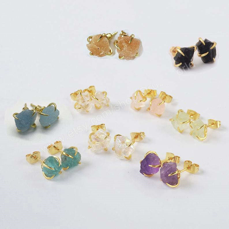 Gold Plated Claw Natural Gemstone & Crystal Studs Raw Quartz Studs Earrings Healing Jewelry ZG0446