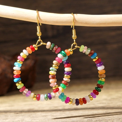 Bohemian Big Circle Round Rainbow Natural Stones Beads Hoop Earrings, Handmade Boho Jewelry Women Earring AL1015