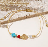 Blue Howlite Cross With Gold Cross Coin & Pearl Beads Bracelet, Adjustable, Handmade Women Bracelet AL1067