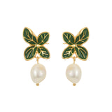 Baroque Fresh Water Pearl Green Leaf Dangle Stud Earrings, S925 Silver Post, Boho Jewelry AL1104