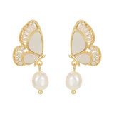 Baroque Freshwater Pearl White Shell Butterfly CZ Micro Pave Dangle Stud Earrings, S925 Silver Post, Boho Jewelry AL1105