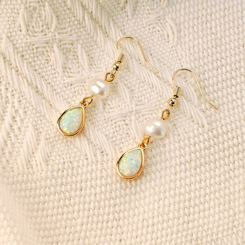 Gold Plated White Opal & Natural Pearl Drop Earrings Opal Dangle Earrings, Boho Jewelry AL1108