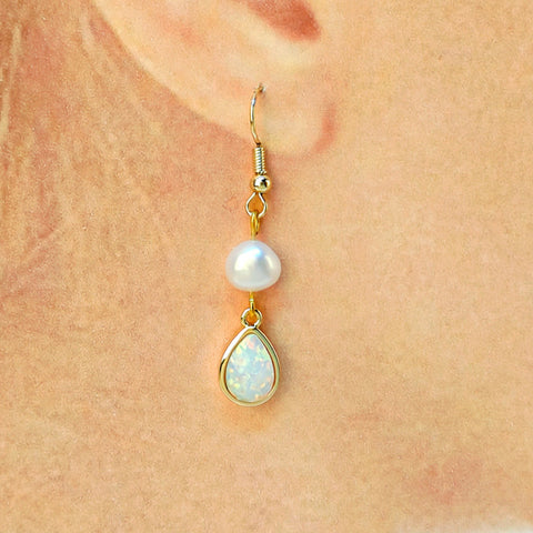 Gold Plated White Opal & Natural Pearl Drop Earrings Opal Dangle Earrings, Boho Jewelry AL1108
