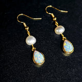 Gold Plated White Opal & Natural Pearl Drop Earrings Opal Dangle Earrings, Boho Jewelry AL1108