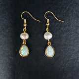 Gold Plated White Opal & Natural Pearl Drop Earrings Opal Dangle Earrings, Boho Jewelry AL1108