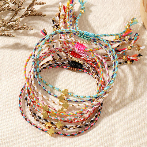 Bohemian Small Gold Copper Cross Bracelet, Rainbow Cotton Rope Couple Bracelet, Simple Casual Handmade Jewelry AL1150