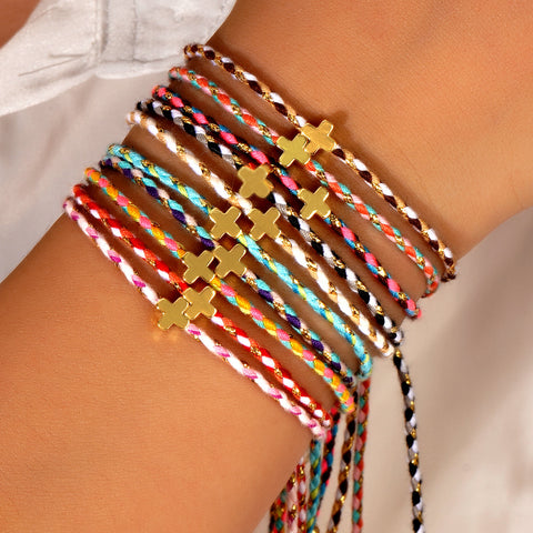 Bohemian Small Gold Copper Cross Bracelet, Rainbow Cotton Rope Couple Bracelet, Simple Casual Handmade Jewelry AL1150