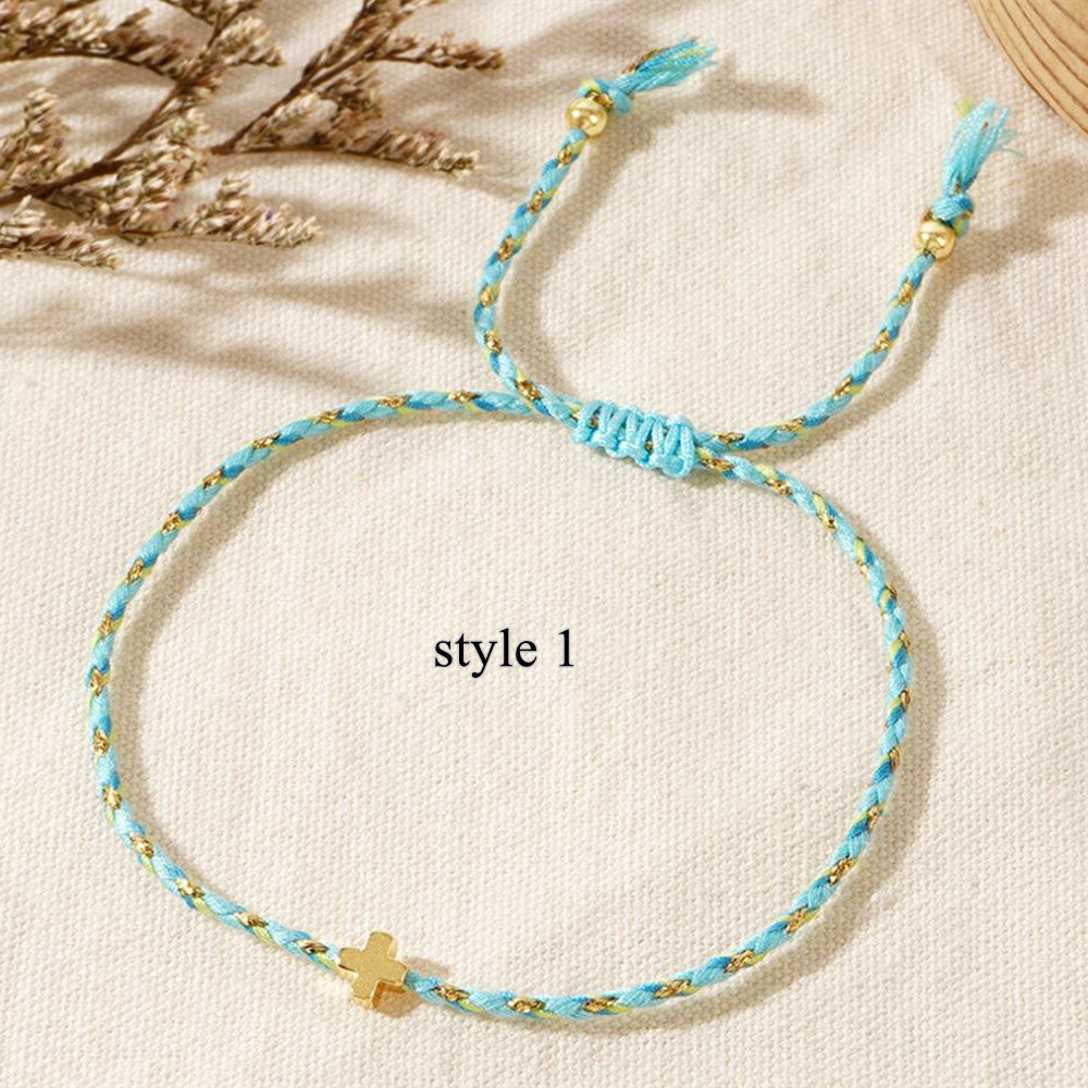 Bohemian Small Gold Copper Cross Bracelet, Rainbow Cotton Rope Couple Bracelet, Simple Casual Handmade Jewelry AL1150