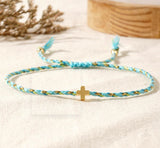 Bohemian Small Gold Copper Cross Bracelet, Rainbow Cotton Rope Couple Bracelet, Simple Casual Handmade Jewelry AL1150