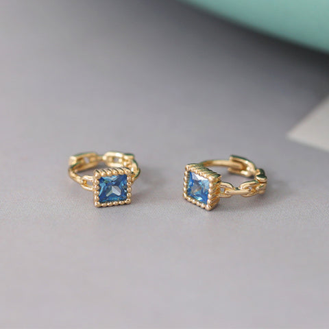 Blue Zircon Earrings Square CZ Earring, S925 Sterling Silver Hoops AL1189