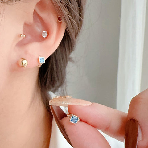 Blue Zircon Earrings Square CZ Earring, S925 Sterling Silver Hoops AL1189