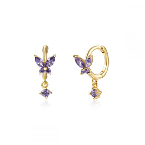 Butterfly Purple White Zircon Cartilage Earrings,S925 Sterling Silver Small Hoops AL1190