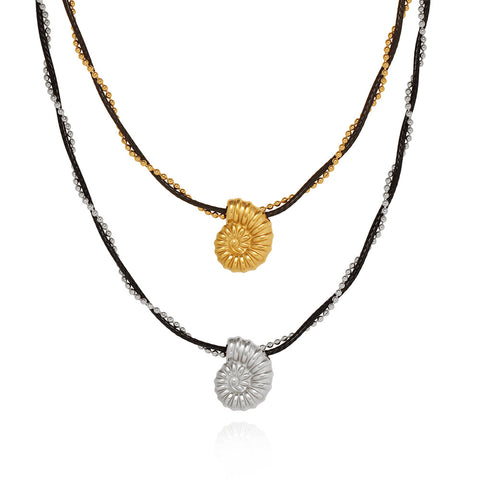 16" Sea Conch Shell Leather Rope & Gold Beads Chain Wire Wrapped Necklace, Stainless Steel Fashion Summer Jewelry Necklace AL1213