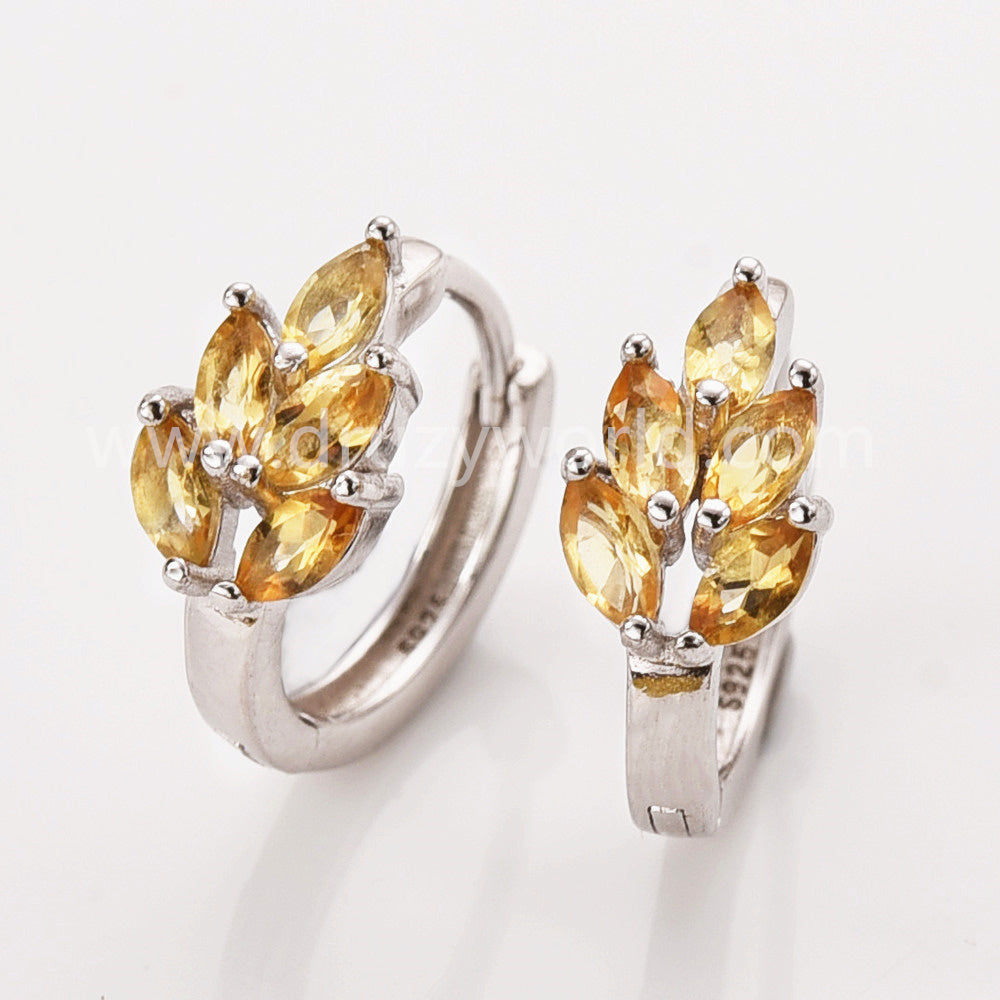 Natural Citrine Leaf Earrings - 925 Silver Hoops, Yellow Crystals Jewelry Earring AL1218