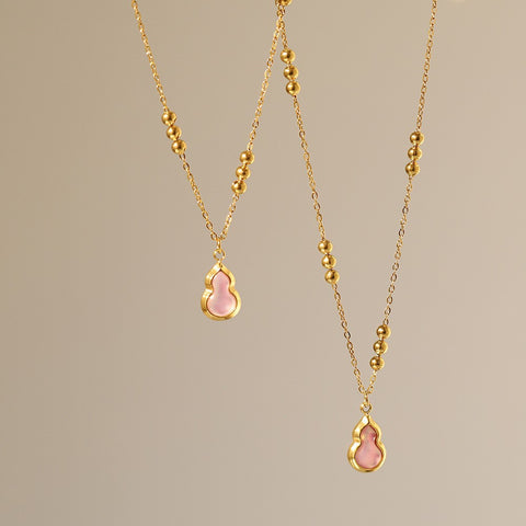 Pink Shell Small Gourd Pendant Necklace For Women, Titanium Steel Gold Bead Chain Calabash Necklace AL1220