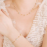 Gypsophila Tea Grey Pearl & Gold Faceted Beads Rosary Chain Bracelet/Necklace, Stainless Steel Summer Jewelry Necklace AL1222