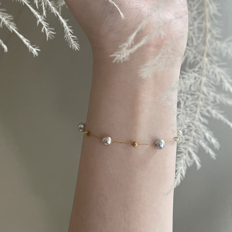 Gypsophila Tea Grey Pearl & Gold Faceted Beads Rosary Chain Bracelet/Necklace, Stainless Steel Summer Jewelry Necklace AL1222