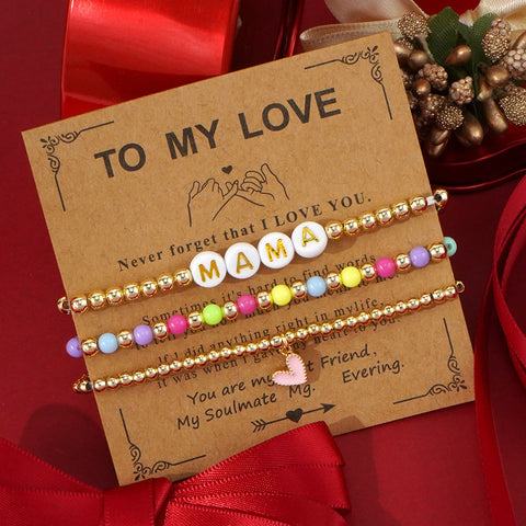 Set of "MAMA" Letter Bracelet For Mom, Rainbow Acrylic & Gold Copper Beads Heart Bracelet, Mother's Day Gift Jewelry AL1225