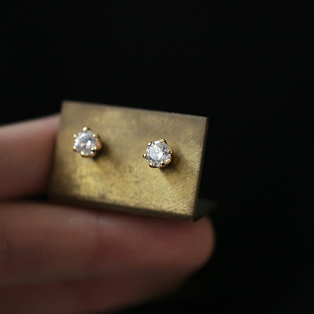 S925 Sterling Silver 18k Gold Crown Single Zirconia Six-Prong Stud Earrings, Minimalist Classic Jewelry CZ Studs AL1230