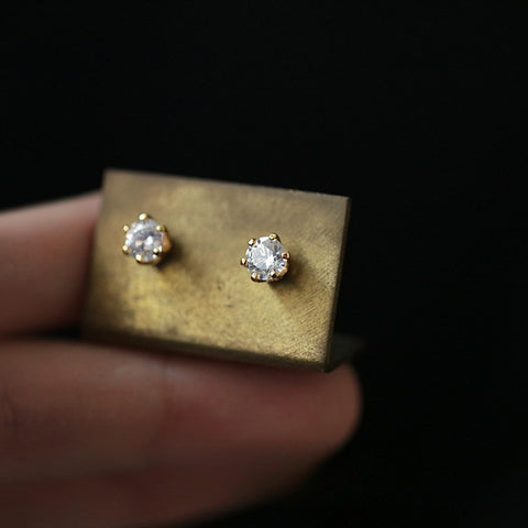 S925 Sterling Silver 18k Gold Crown Single Zirconia Six-Prong Stud Earrings, Minimalist Classic Jewelry CZ Studs AL1230