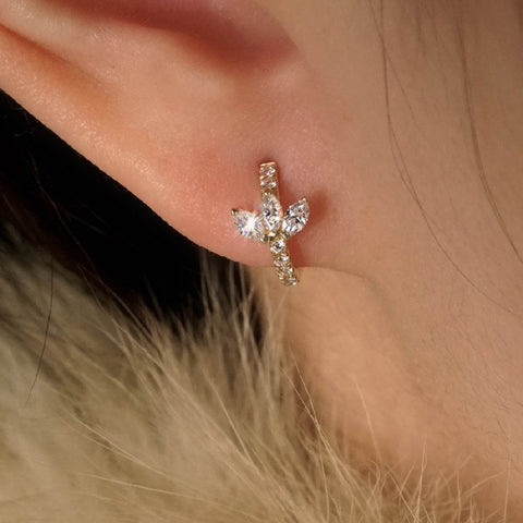 Dainty S925 Sterling Silver 18k Gold Three-Leaf Zirconia Hoop Earrings, CZ Flower Earrings Jewelry  AL1239