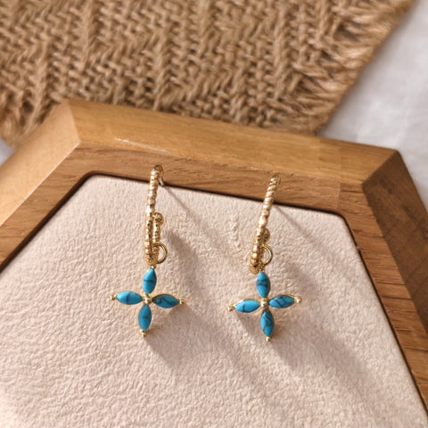Blue Howlite Turquoise Four-Leaf Clover Hoop Earrings, S925 Silver Post, Women's Earrings AL1250