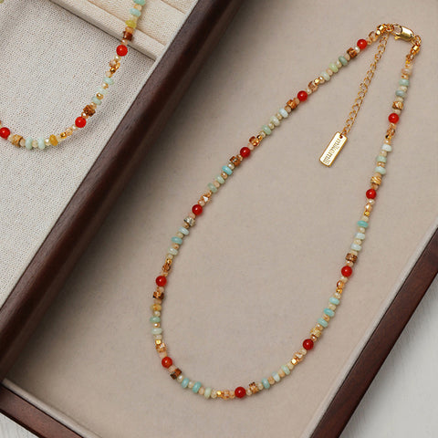 Boho Multi Natural Stones Beaded Red Agate Necklace, Gemstone Jewelry Women's Necklace AL1251