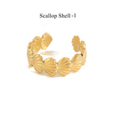 Gold Stainless Steel Beach Shell Seashell Ring, Flower Fish Open Band Ring, Fashion Summer Jewelry AL1257