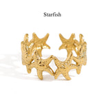 Gold Stainless Steel Beach Shell Seashell Ring, Flower Fish Open Band Ring, Fashion Summer Jewelry AL1257